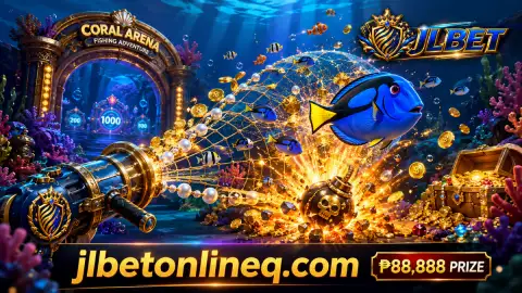 JLBET fishing action scene with a marlin changing position across sapphire water above the gold cannon