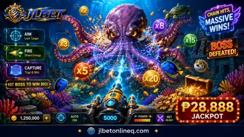 JLBET fishing reef scene with layered fish silhouettes, blue water lanes and a gold cannon