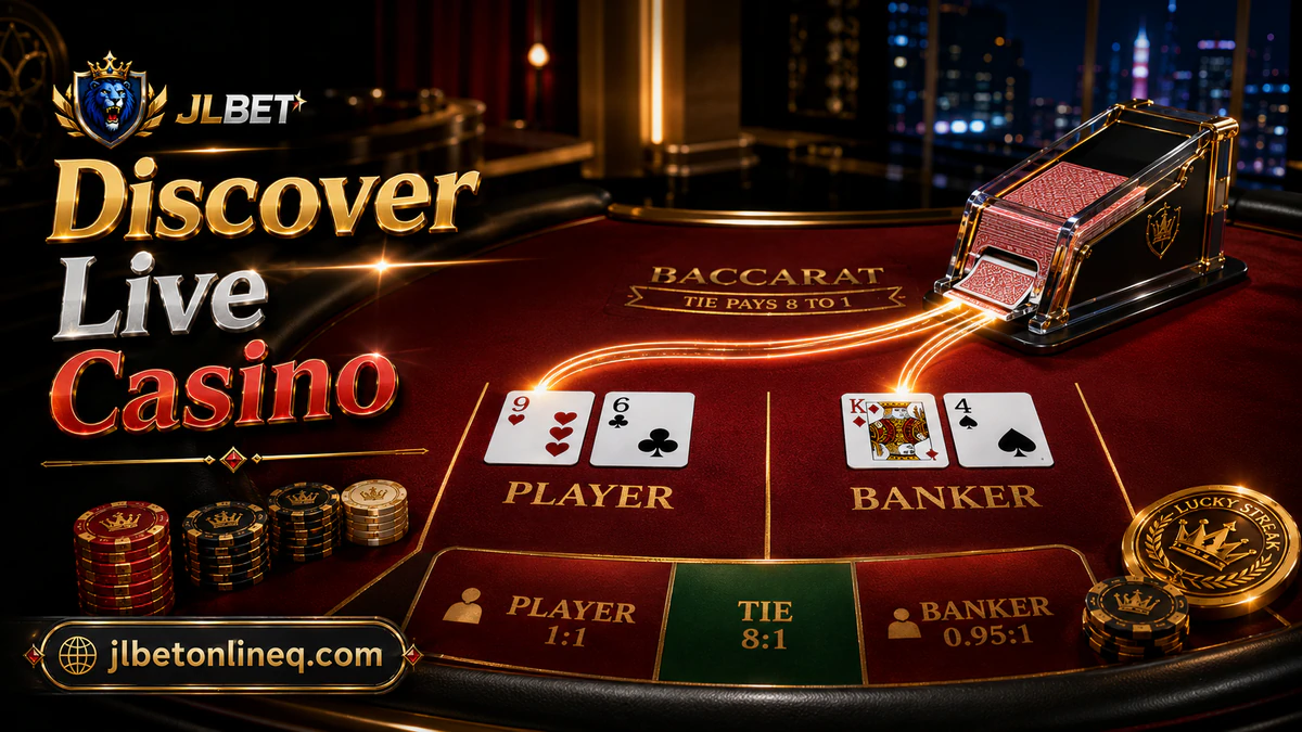 JLBET online casino baccarat scene with an adult dealer reaching toward the shoe beside sapphire felt and cards
